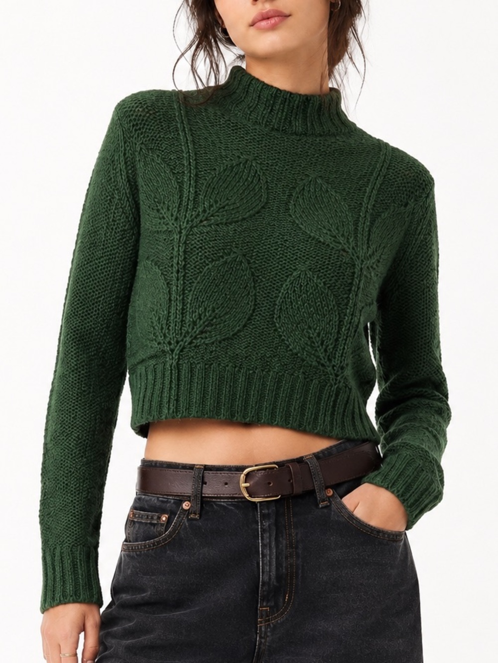 Urban Outfitters Cable Knit Cropped Sweater Green Leaf Mock Neck
